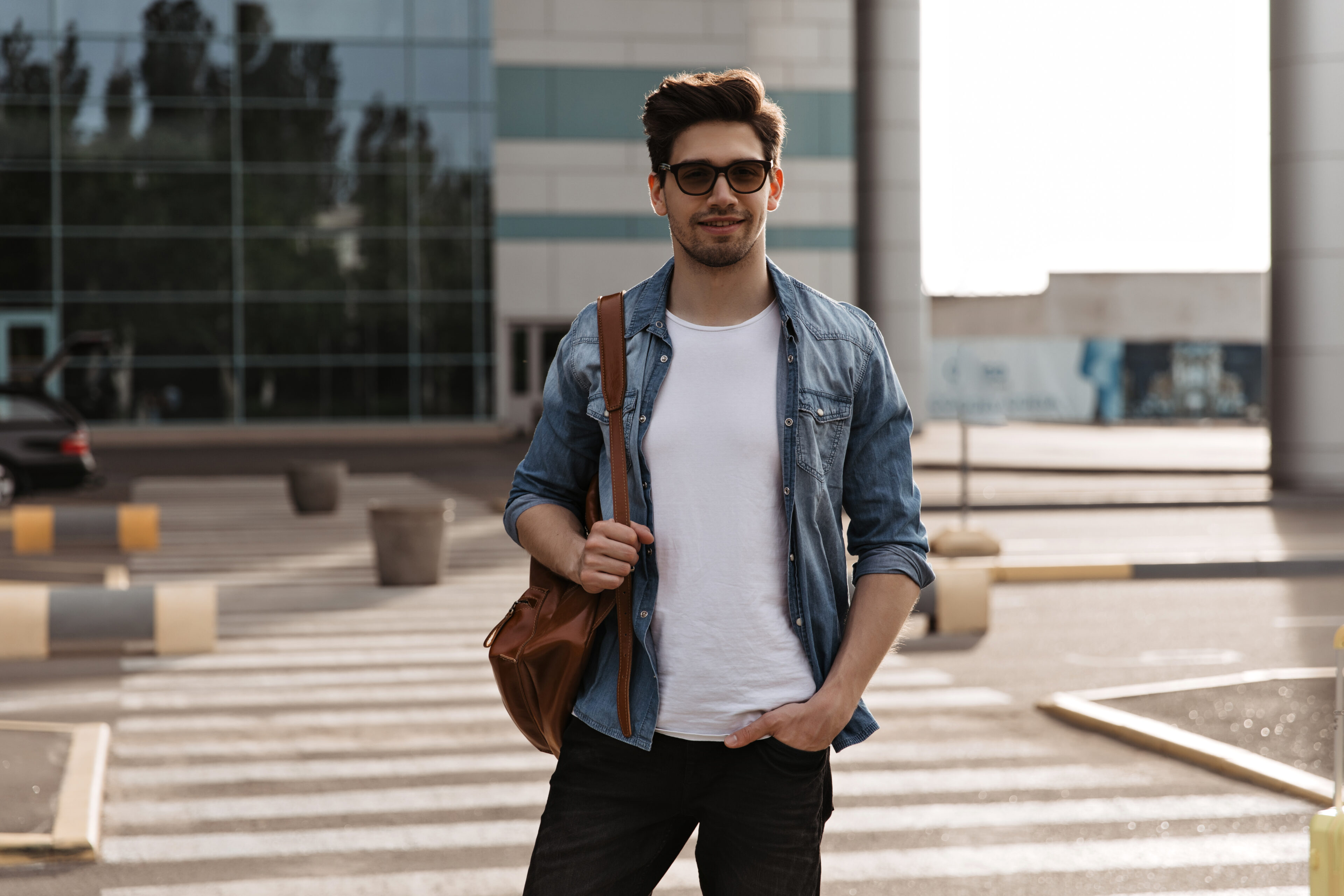 Denim Jacket, Black Pants, And White T-Shirt