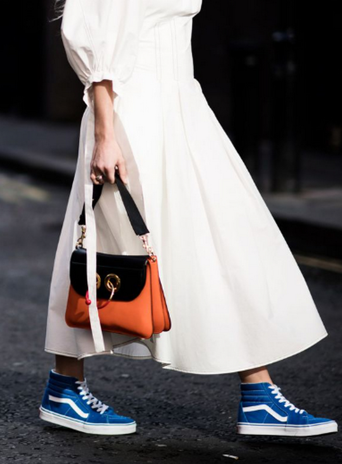 White Midi Dress And Blue Sneakers