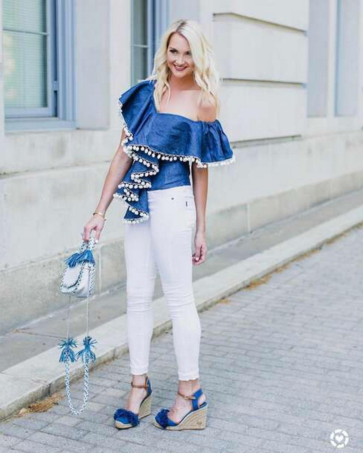 Blue Off-The-Shoulder Top, Skinny White Pants, And Blue Wedge Shoes