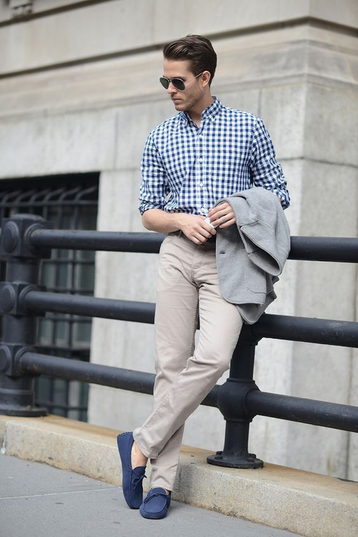 Blue Plaid Shirt, Chinos Pants, And Blue Suede Loafers