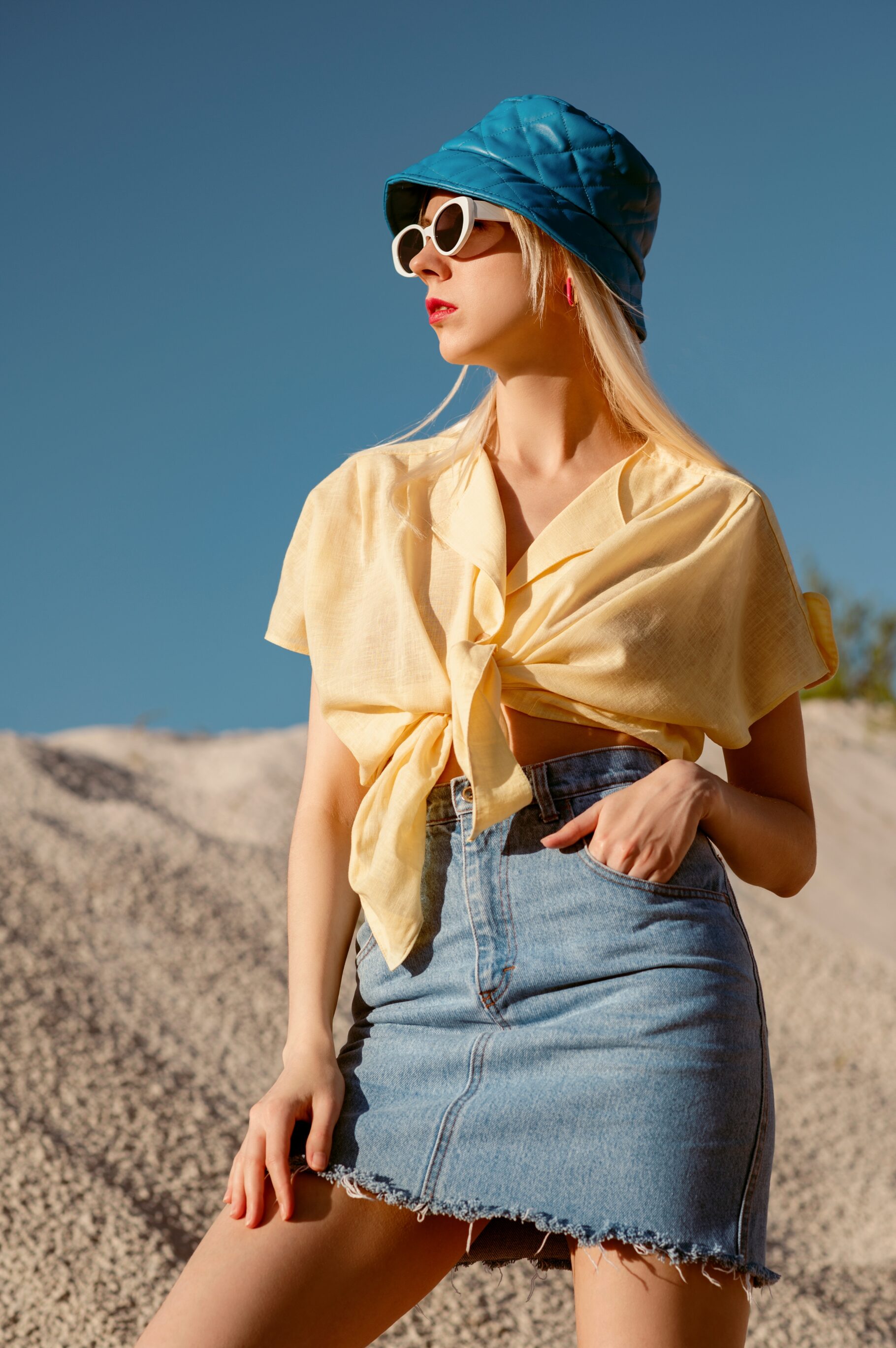 Yellow Linen Shirt With A Knot, Mini Denim Skirt