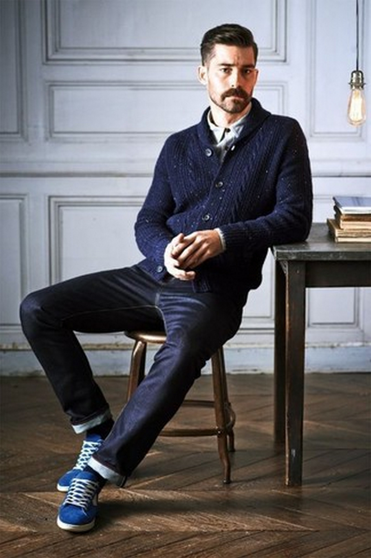 Men's Navy Cardigan, Straight Leg Jeans, And Blue Sneakers
