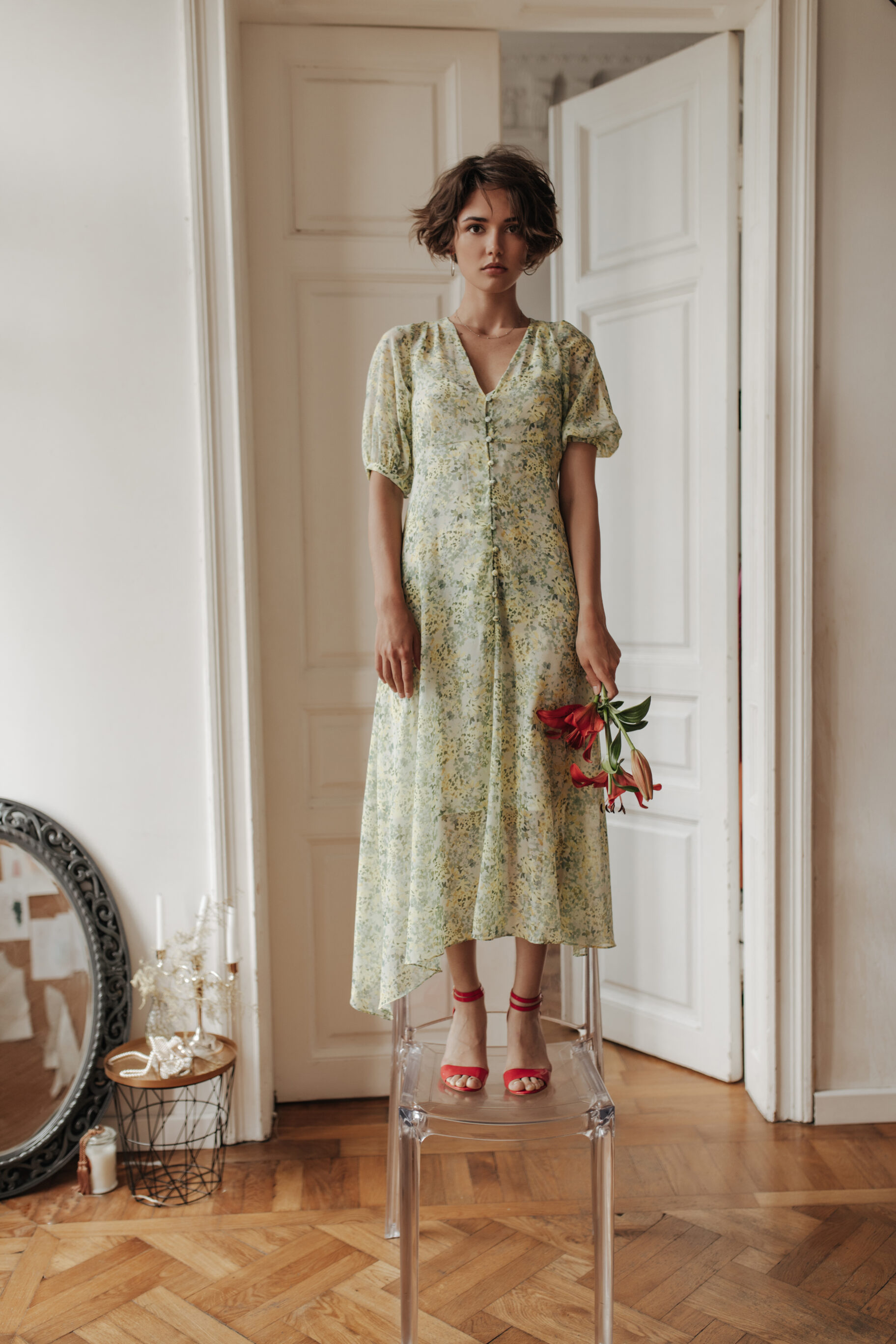 Green Floral Print A-Line Midi Dress