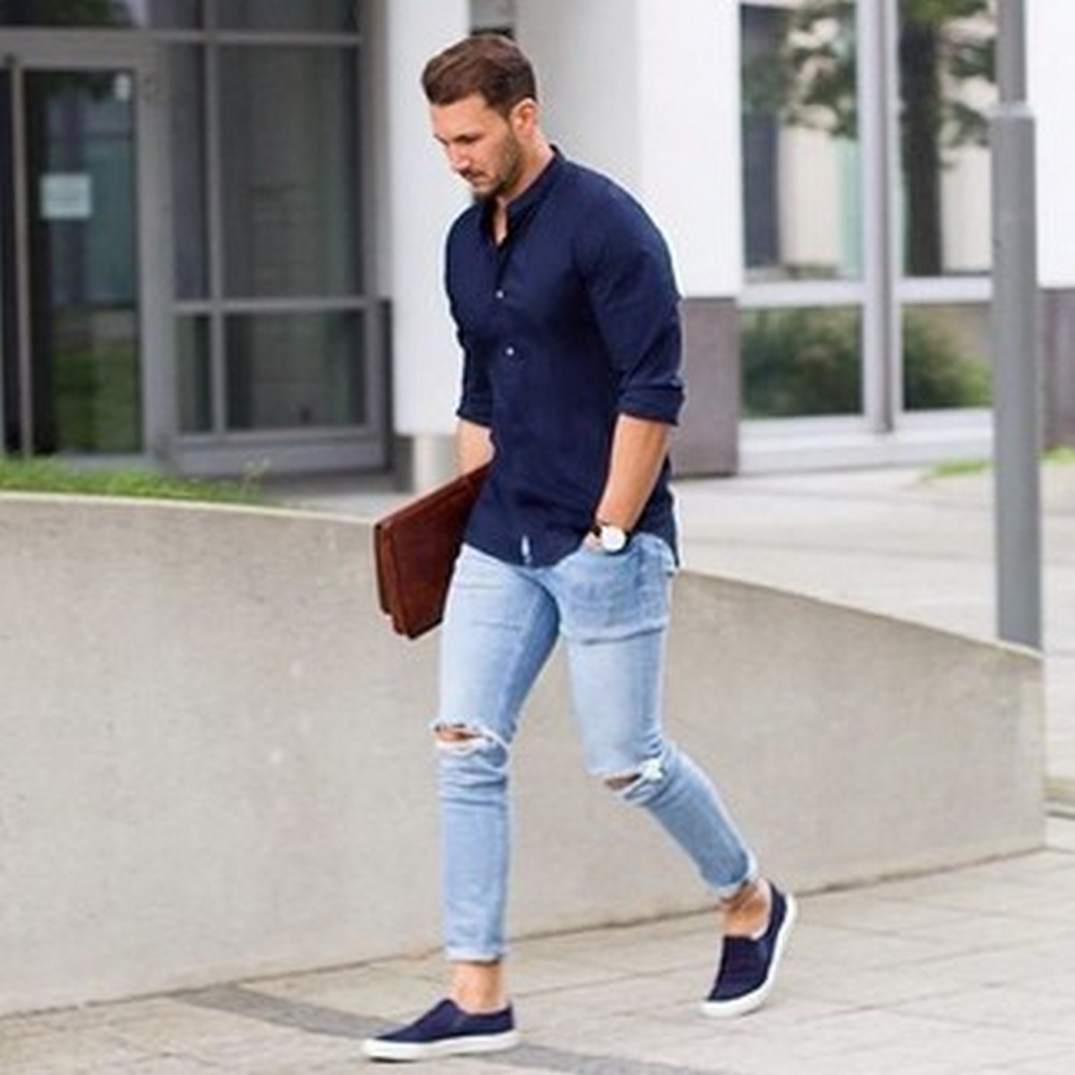 Navy Long-Sleeve Shirt, Chinos, And Blue Shoes