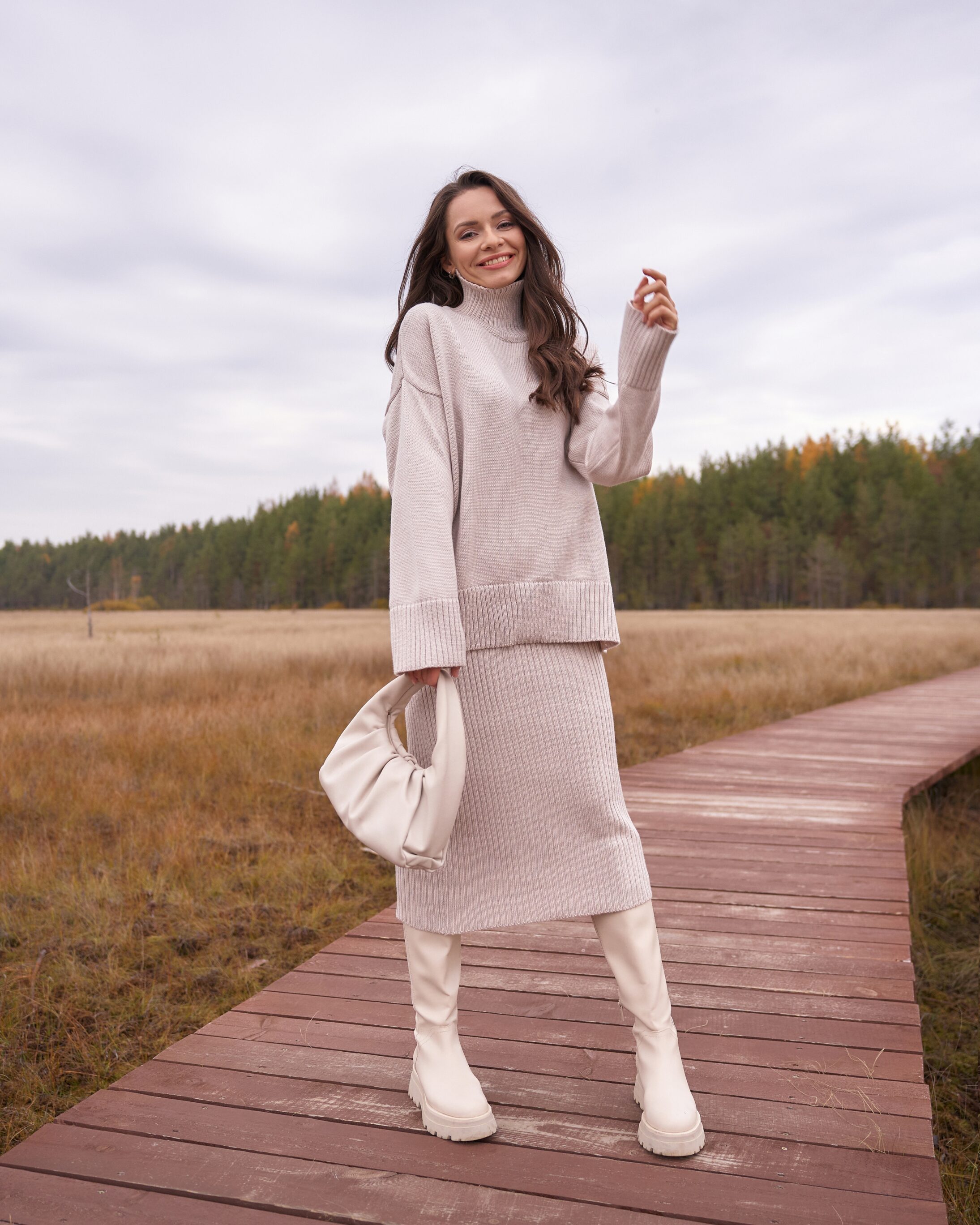 Turtleneck With Midi Skirt And Turtleneck Boots