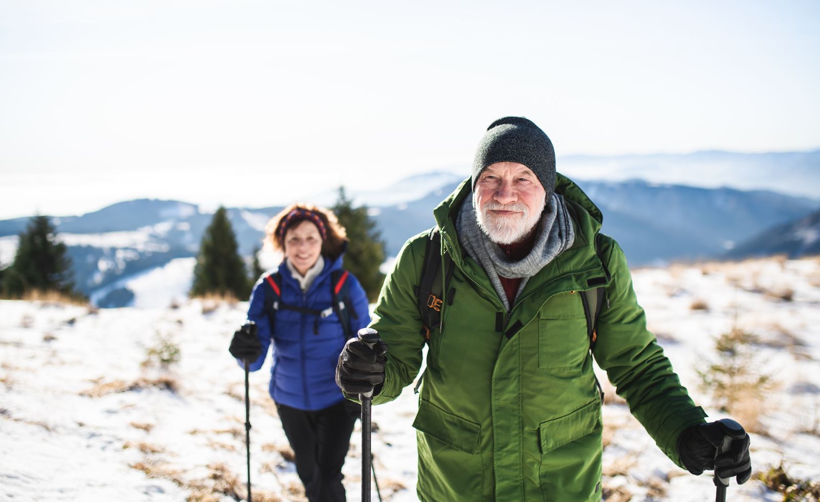 An adult Nordic couple hiking