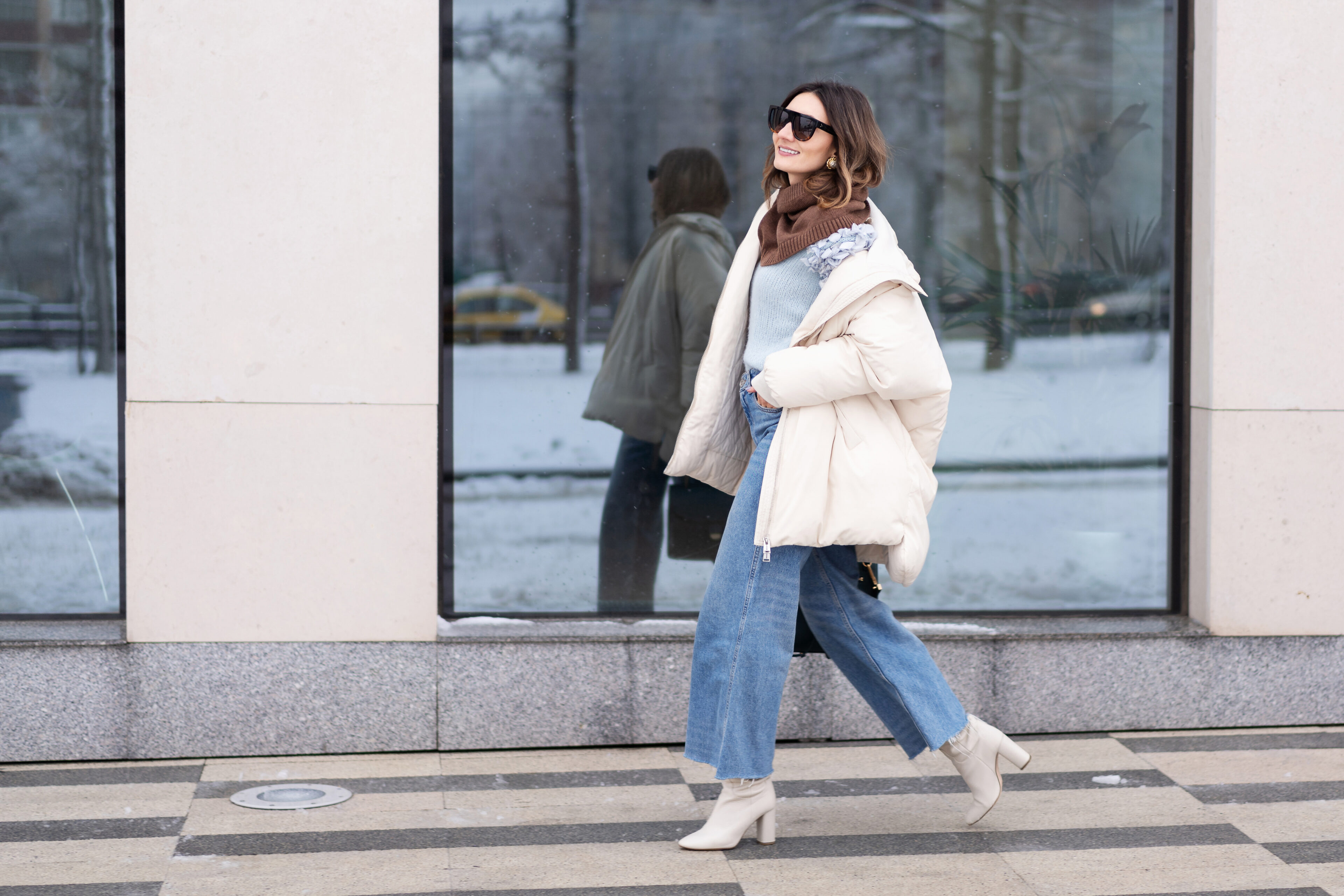 Beige Oversized Down Jacket and Knitted Sweater