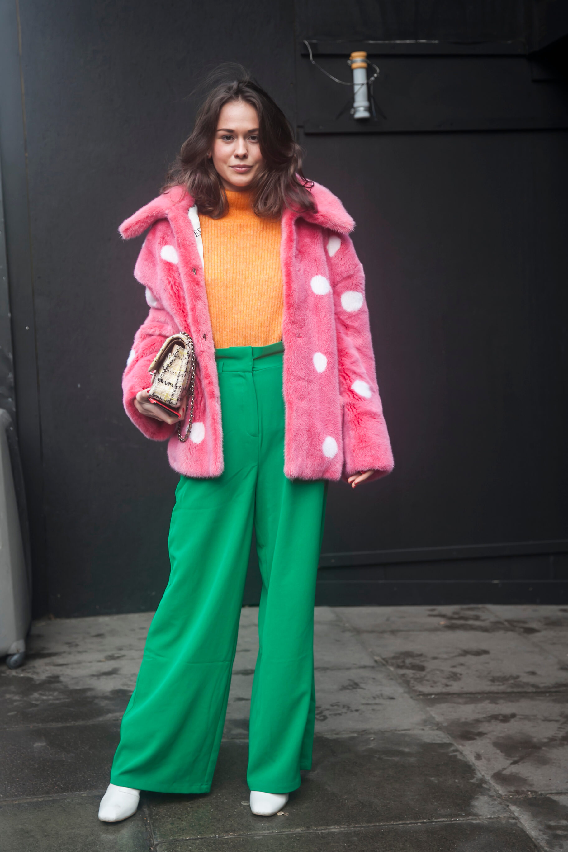 Pink Faux-Fur Coat and Green Flared Jeans