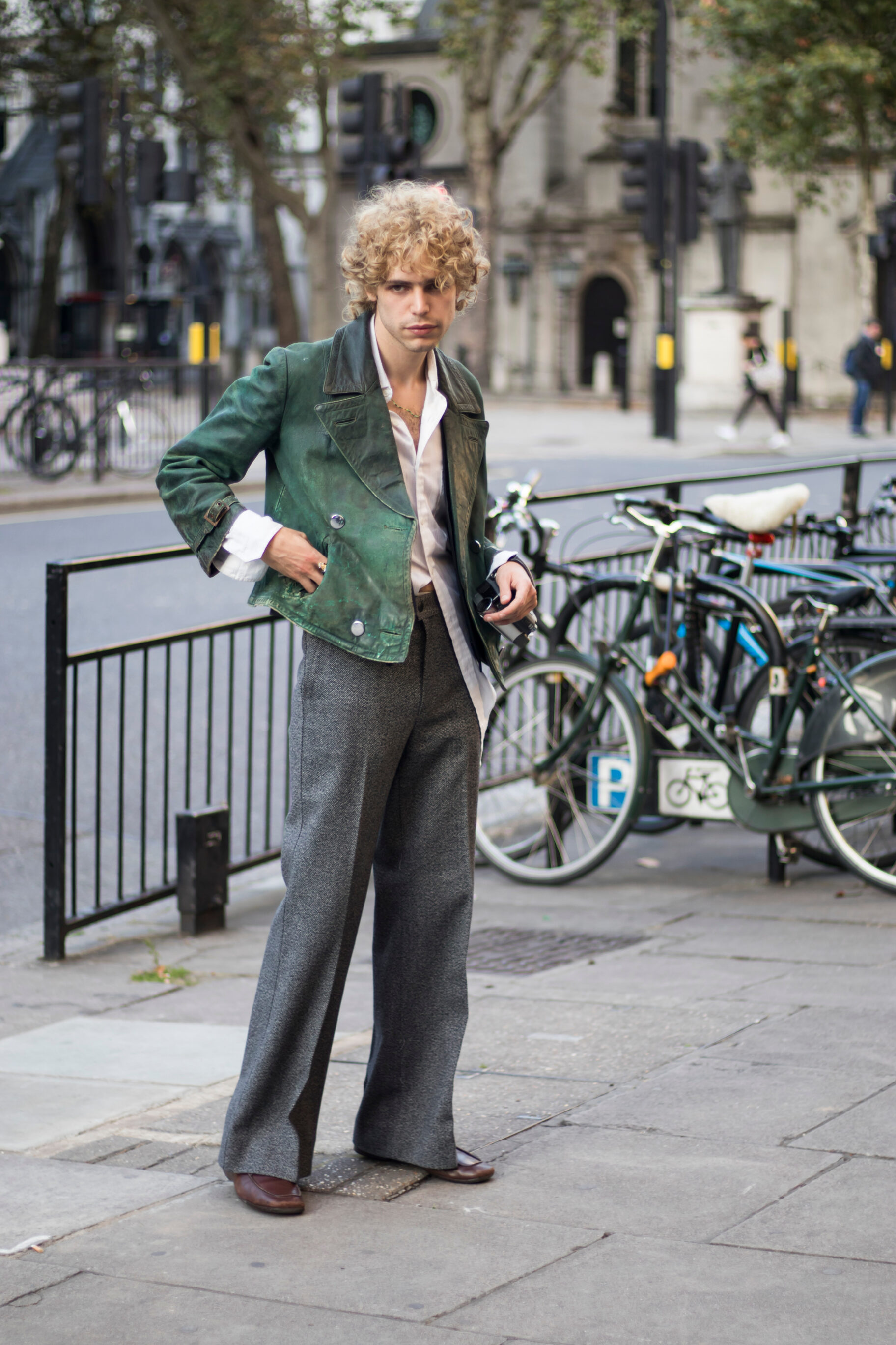 Green Leather Jacket with White Shirt