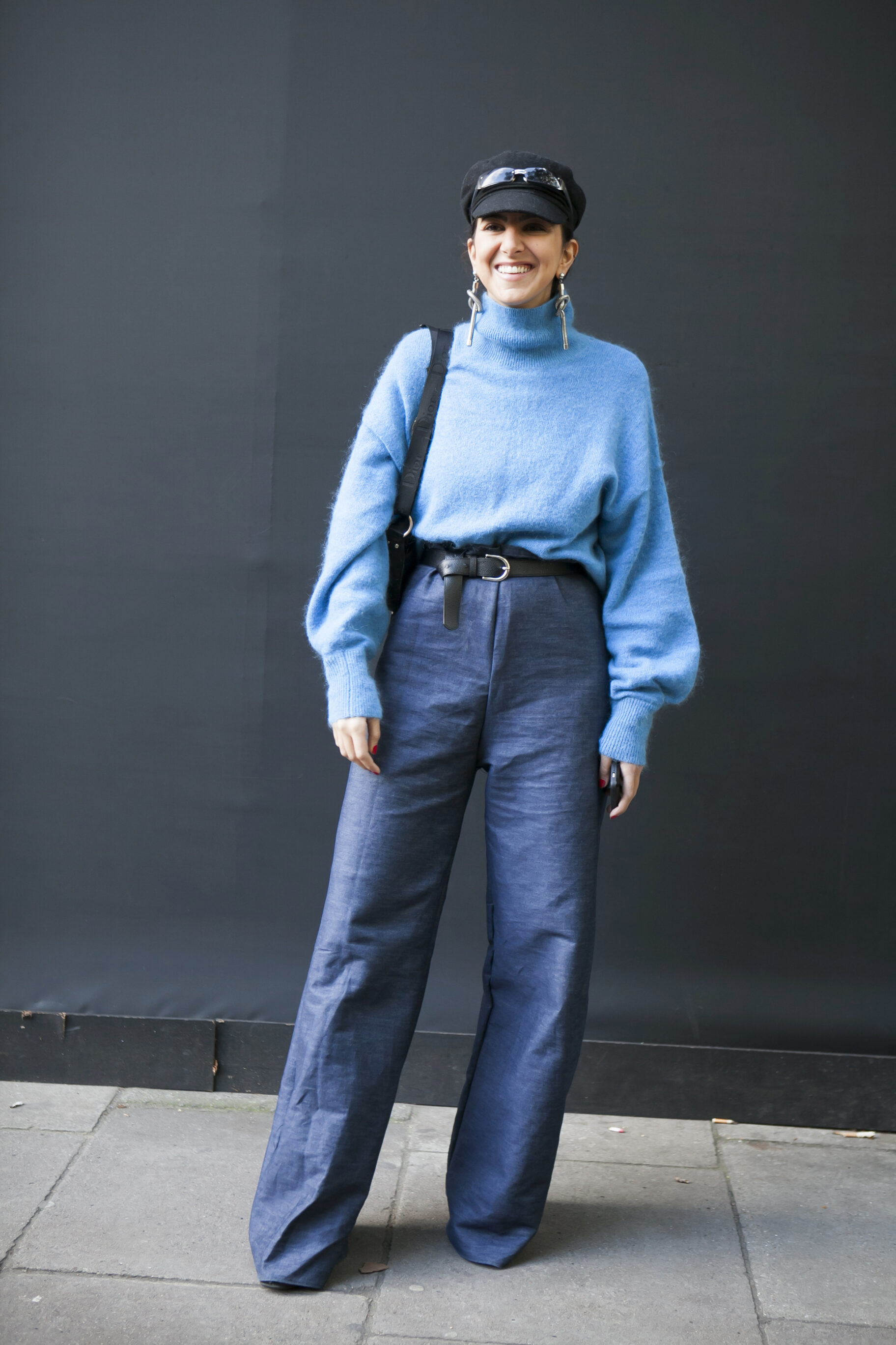 Black Leather Cap and Blue Mohair Sweater