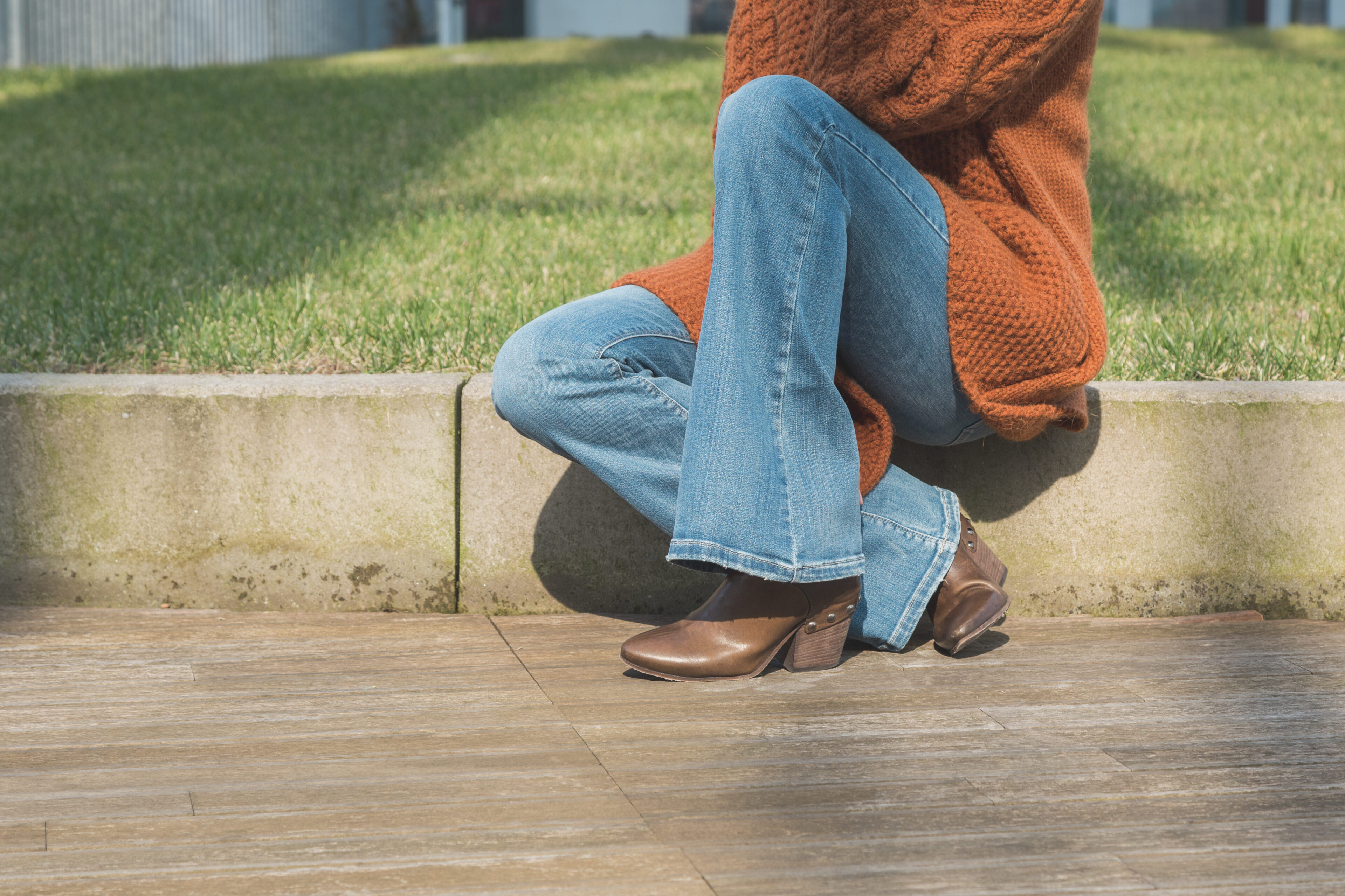 Brown Long-sleeve Sweater with Leather Boots