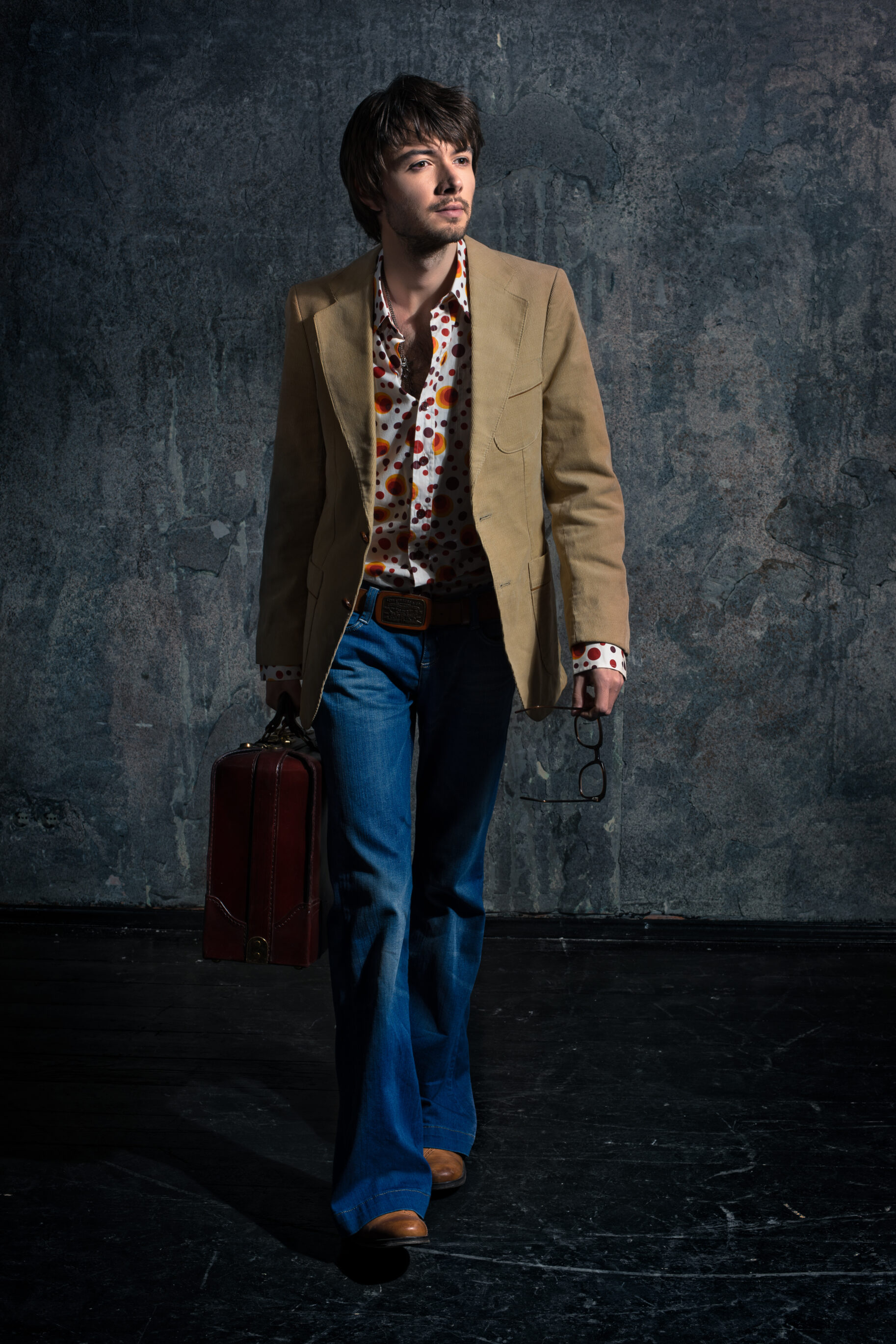 Brown Blazer, White Flower Pattern Shirt, and Leather Boots