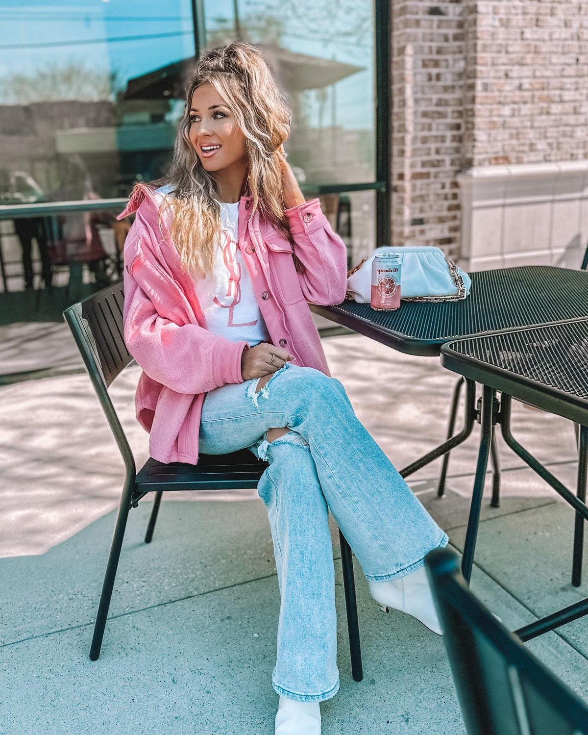 Pink Jacket, White T-Shirt and White High Heel Boots