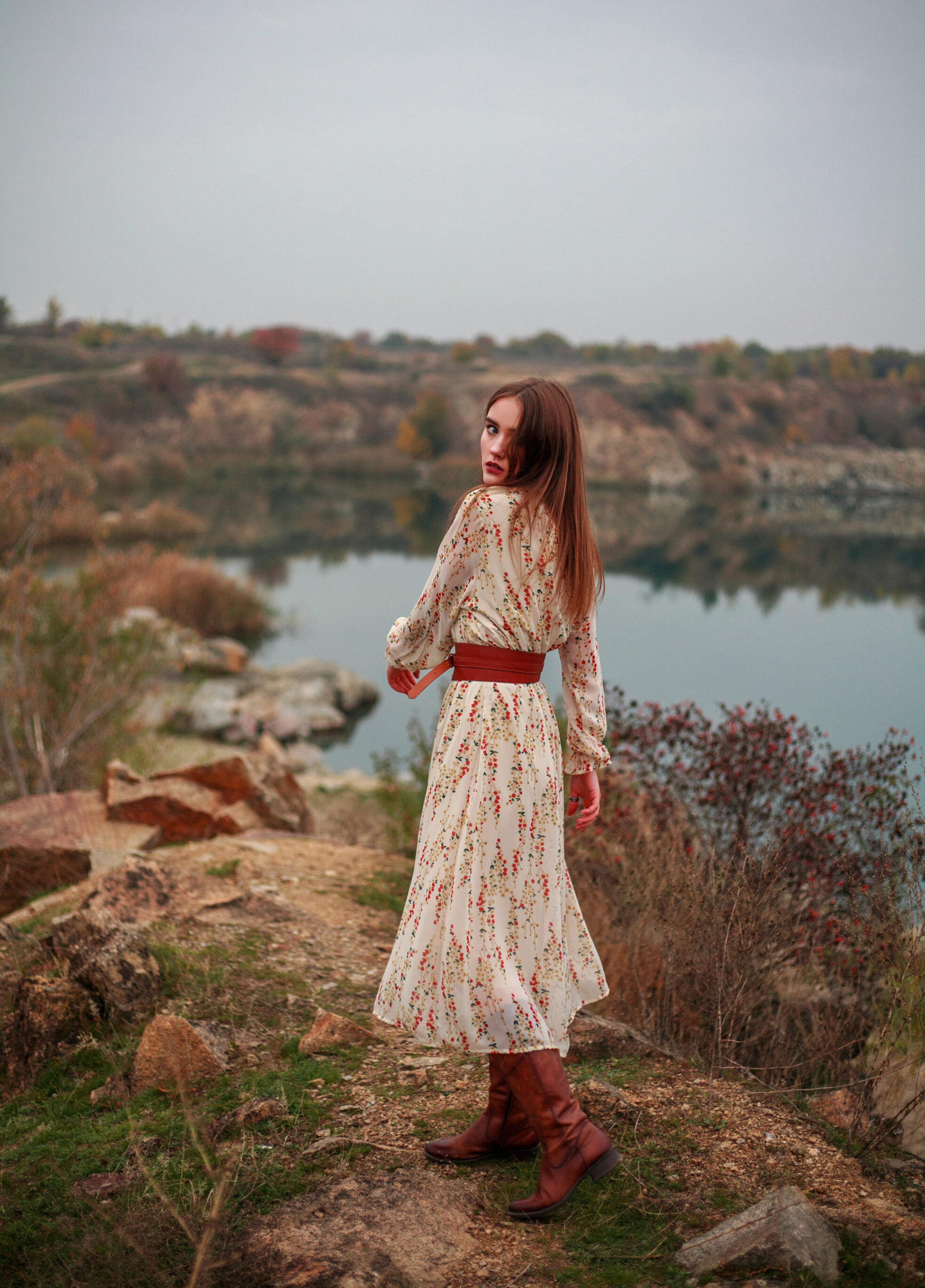 Brown Boots Matched With Floral Dress