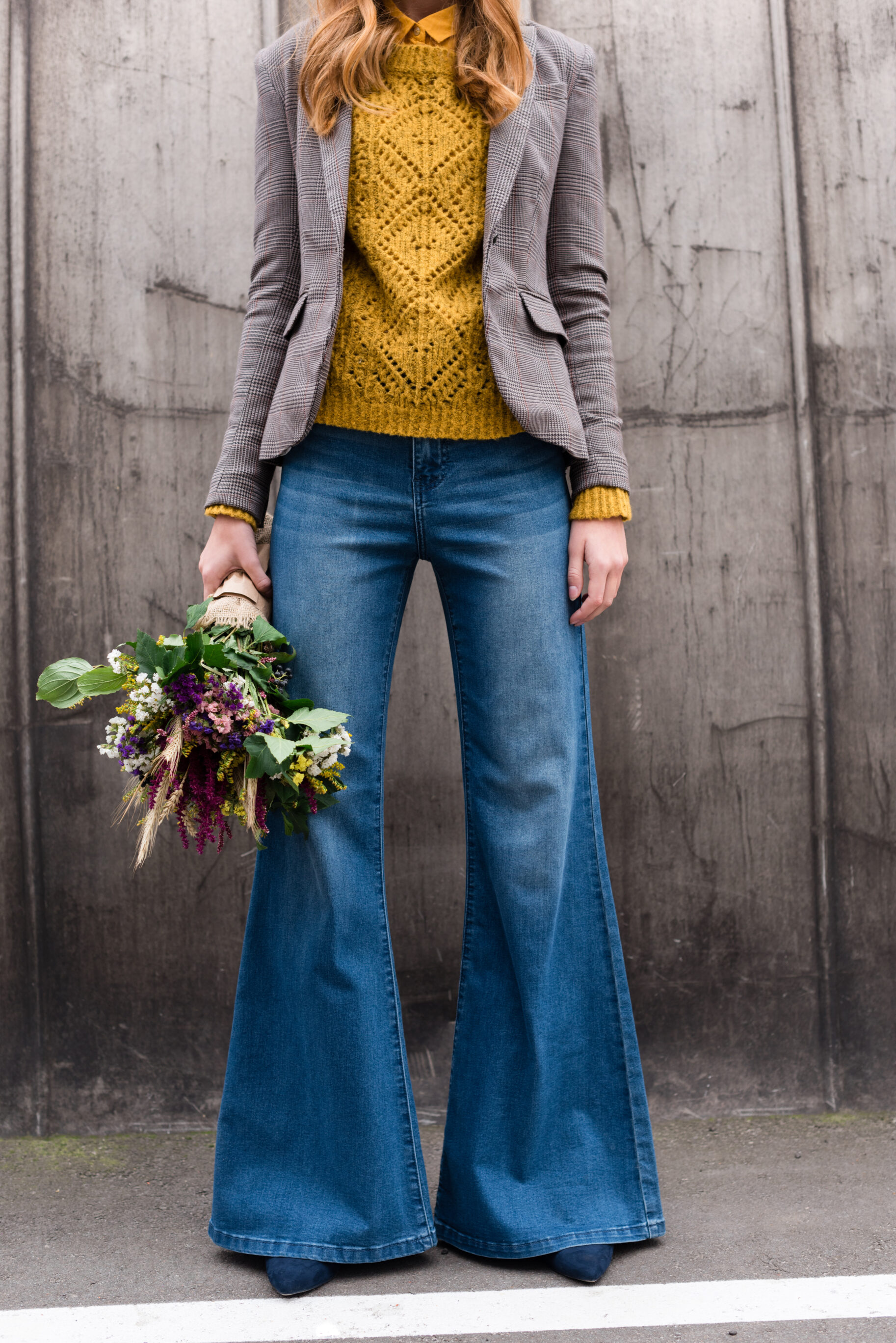 Grey Blazer with Yellow Long-sleeve Sweater 