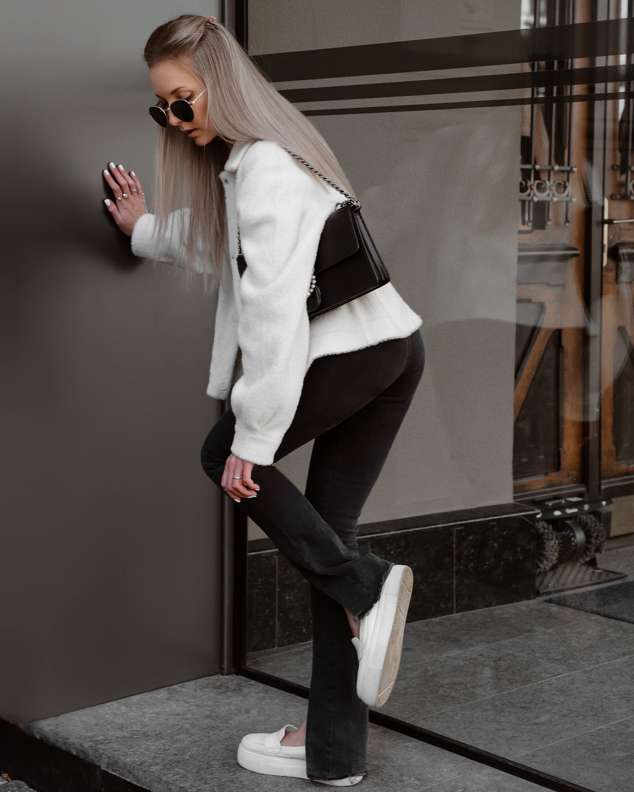 White T-Shirt, Furry Jacket, and White Loafers