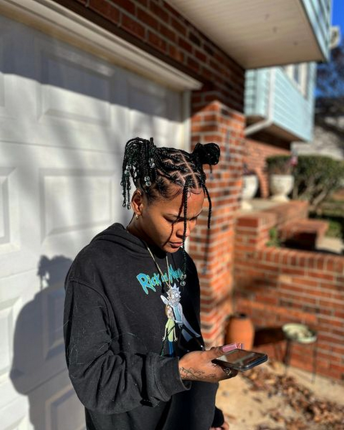 Double Bun Detail On Short Box Braids