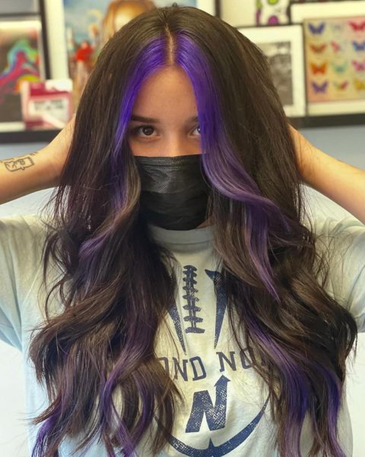 Black Hair with Purple Balayage