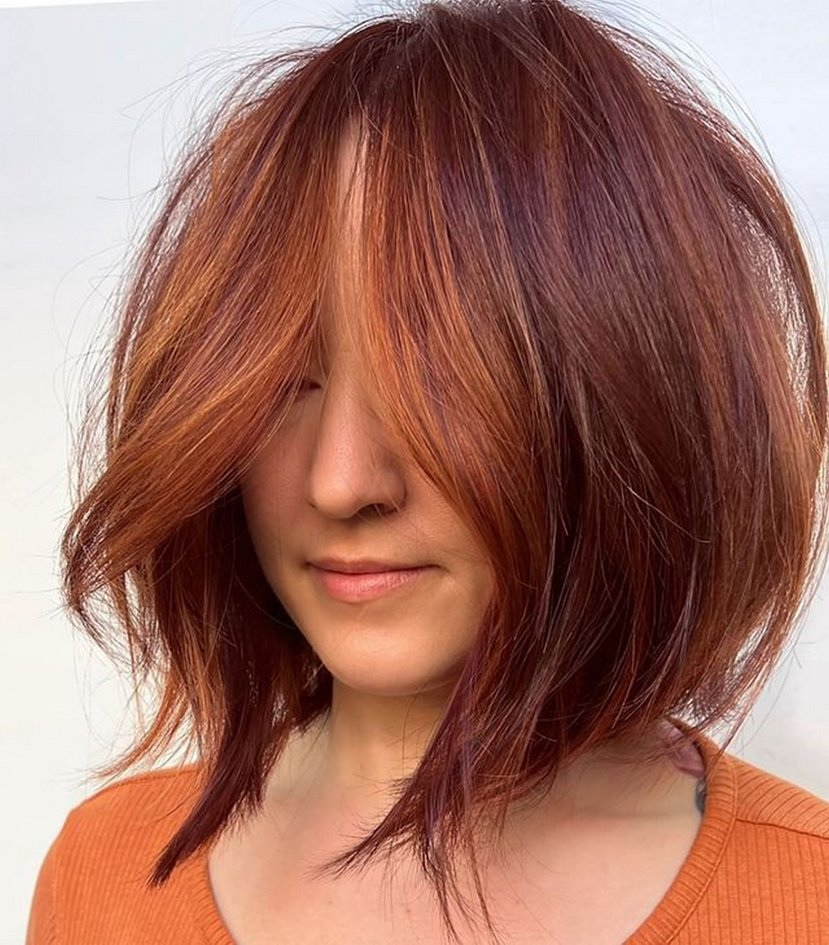 Ginger Brown Bob With Burgundy Lowlights