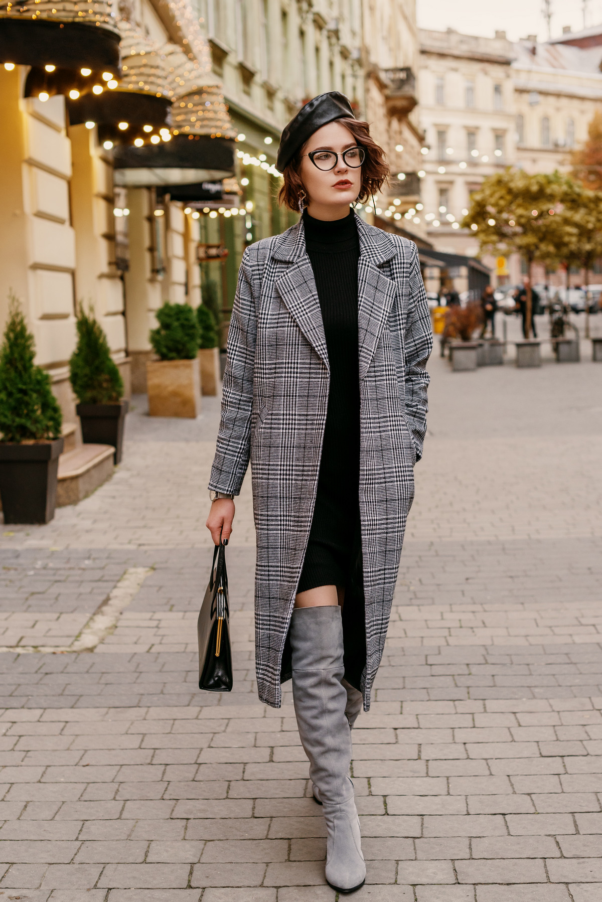 Black dress And Plaid Trench Coat