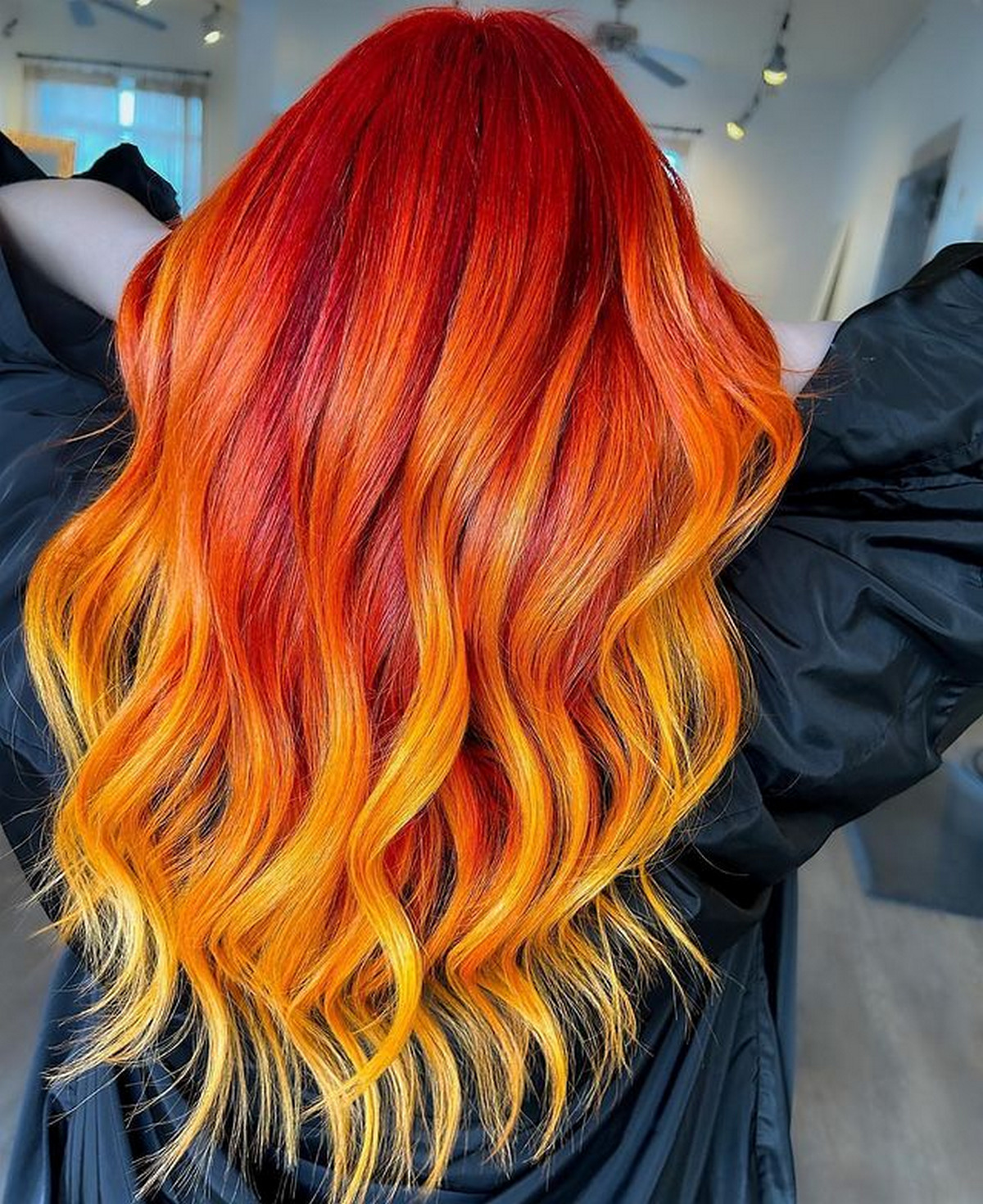 Ombre Red And Orange Layer Waves Hair