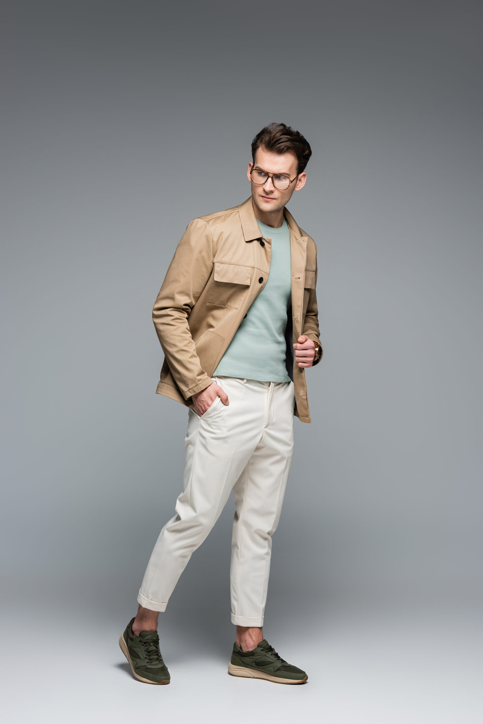 Beige Leather Jacket With T-shirt And Chinos