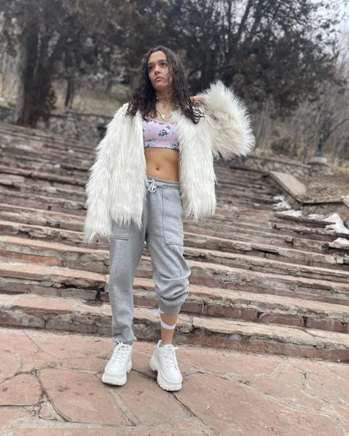 Crop Top, Fur Coat, and Jogger Pants