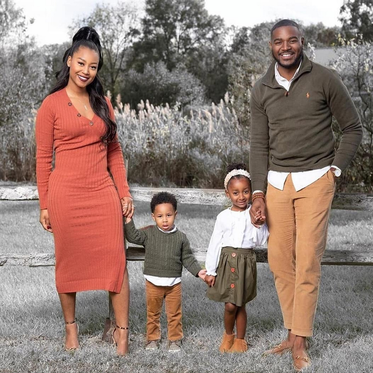 Orange Wool Dress For Mom And Green Gray Sweater For Dad And Children