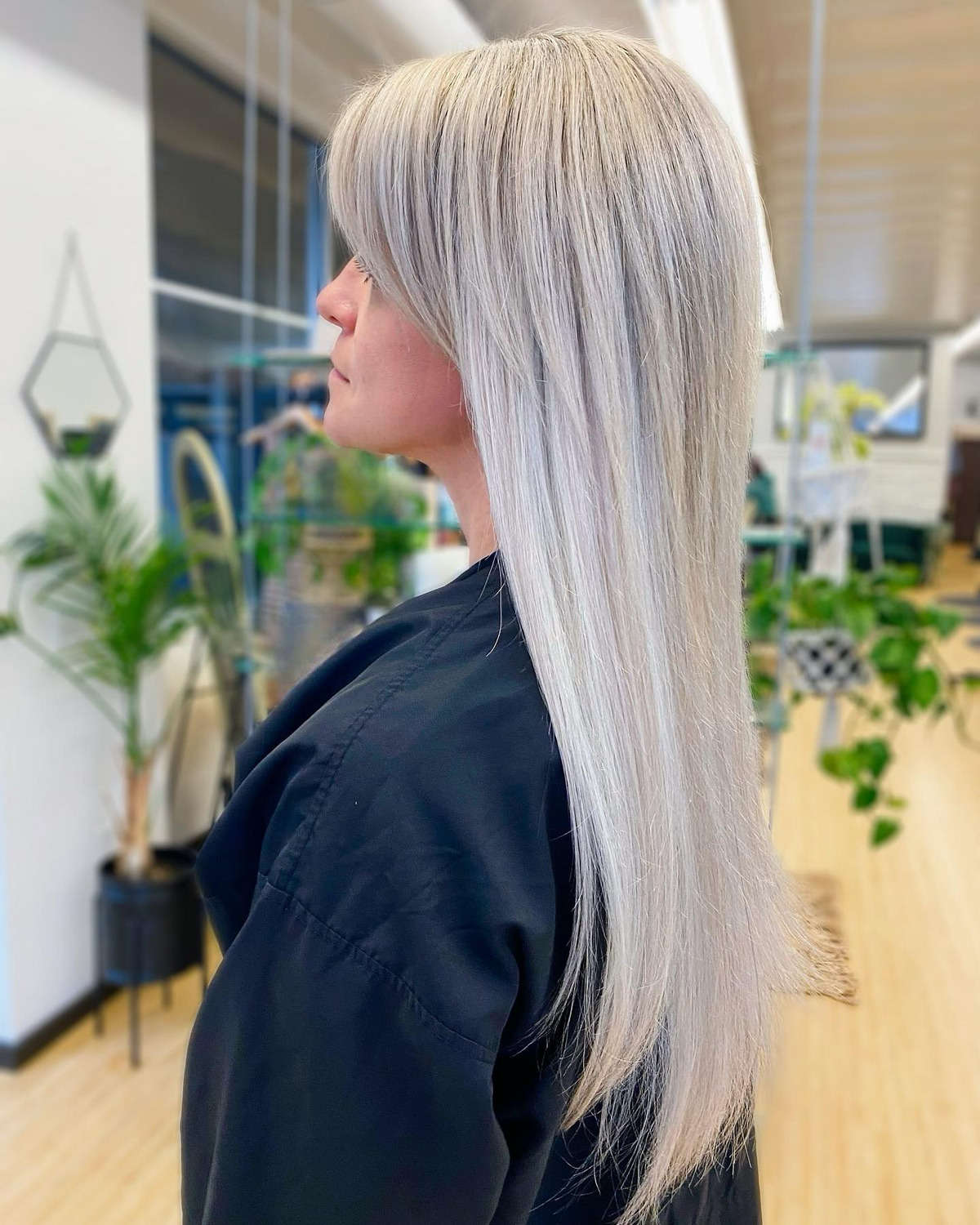 Platinum Blonde On Long Hair With Side Bangs