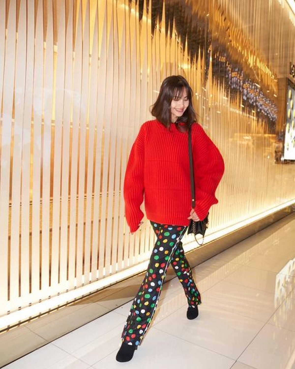 Red Sweater With Colorful Polka-dot Trousers