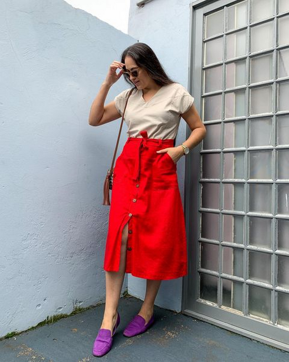 Beige V-neck Shirt With Red Skirt And Purple Loafers