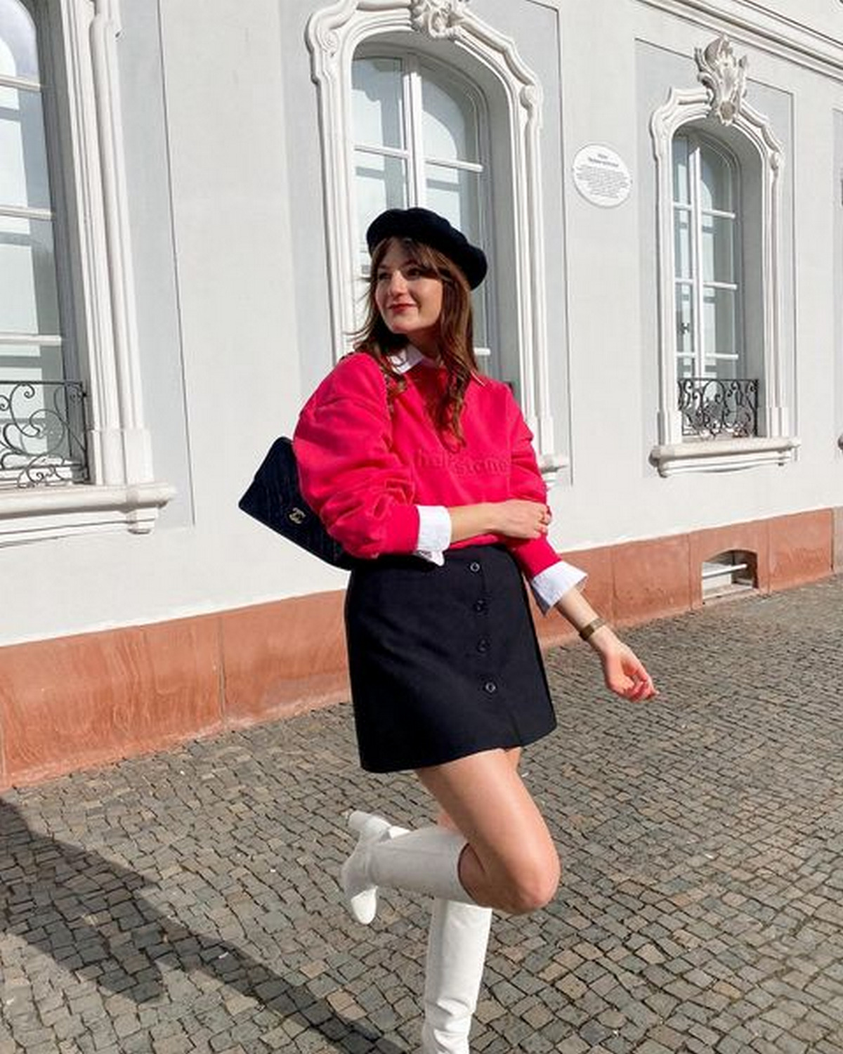 Raspberry Sweatshirt With Black Mini Skirt And White Boots