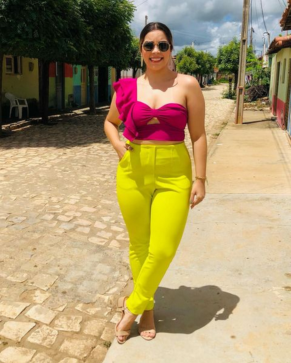 Fuchsia Crop Top With Lime Green Pants