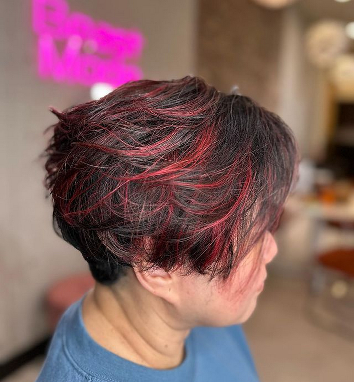 Black Pixie Cut With Red Highlights