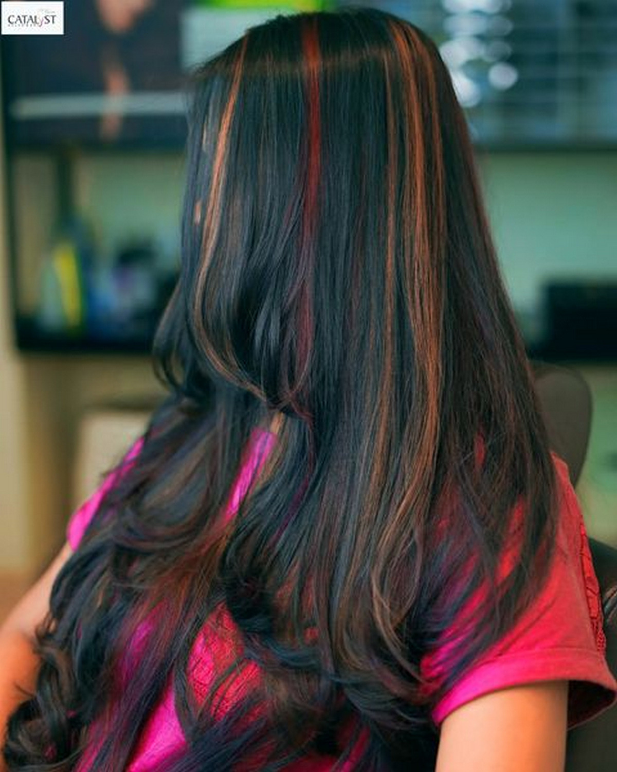 Long Black Hair With Red And Brown Highlights