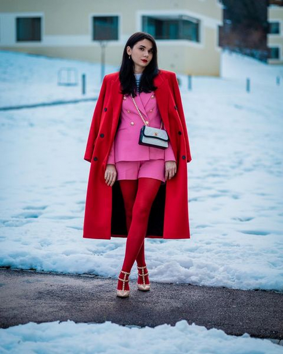Pink Suits With Red Double Breasted Coat And Red Stocking