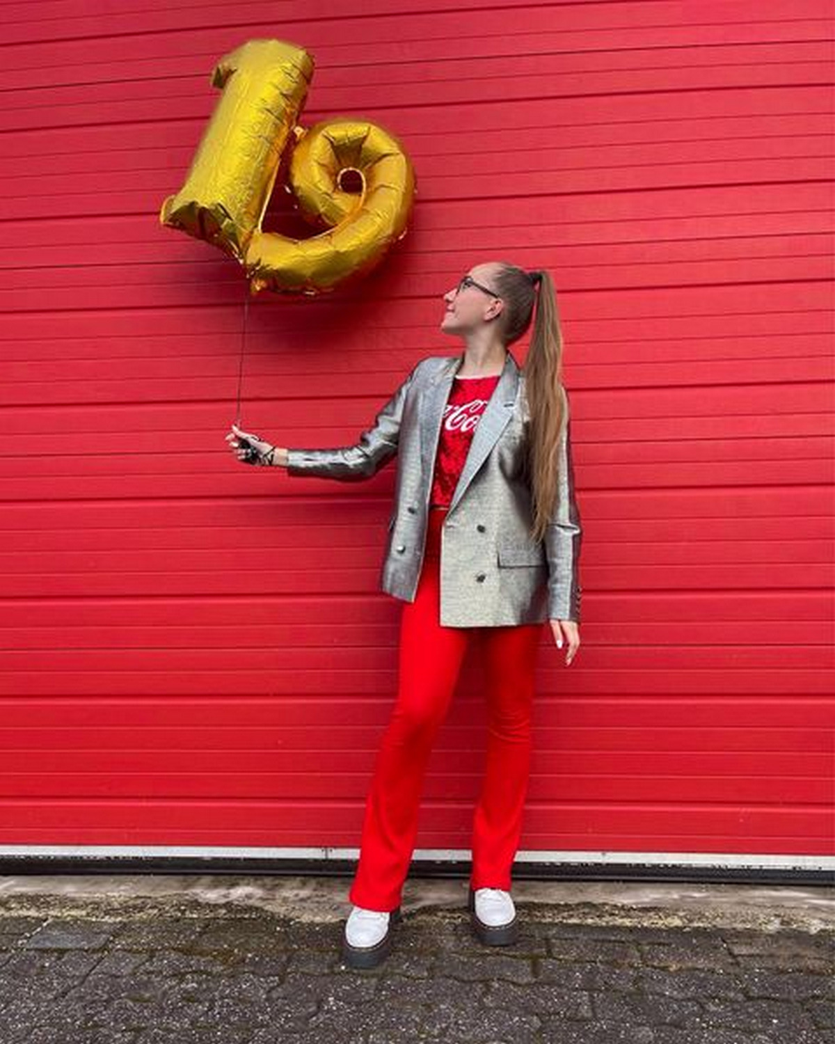 Red Sequin Shirt And Plain Red Pants With Bronze Blazer
