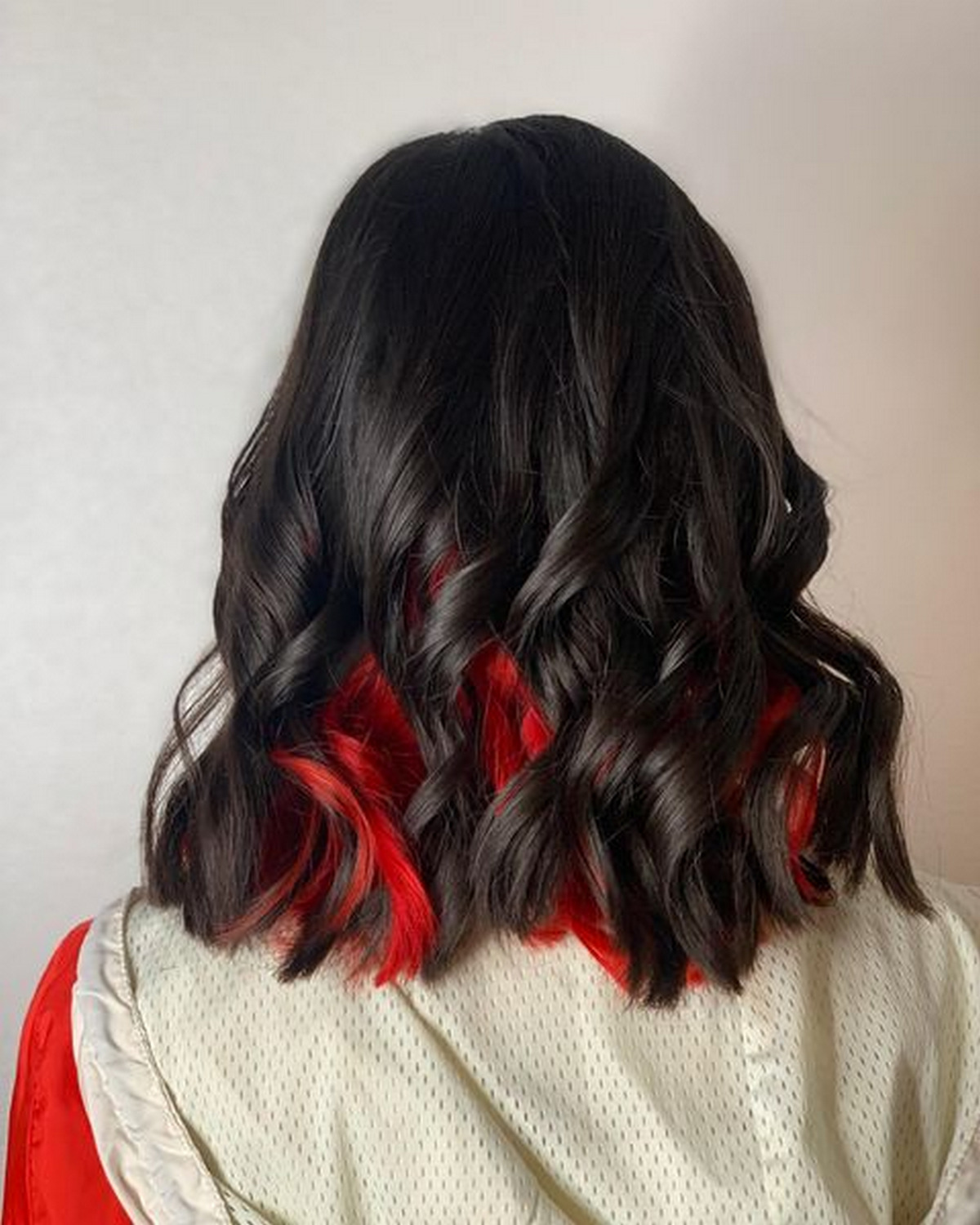 Mid-length Black Wavy Hair With Red Underneath