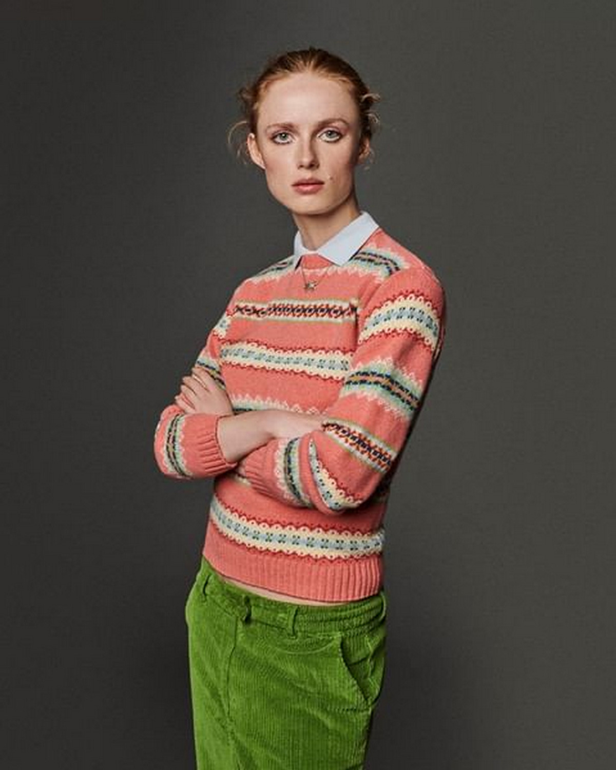 Pastel Red Sweatshirt With Light Green Corduroy Pants