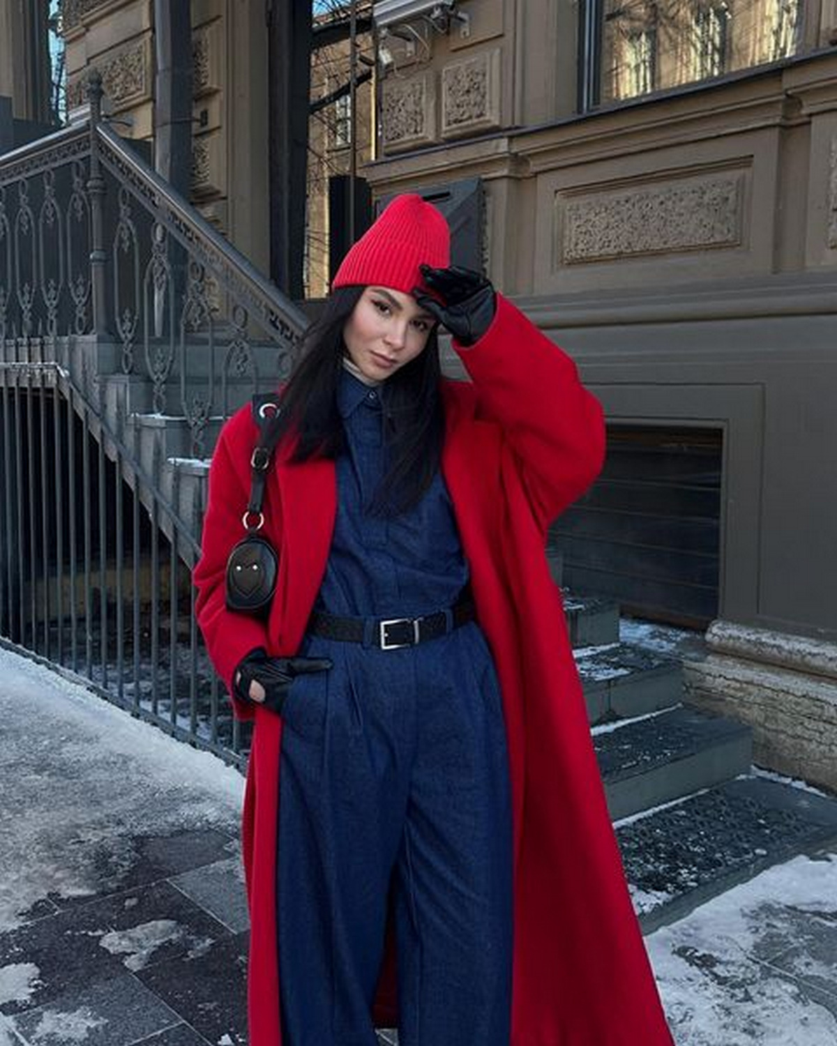 Dark Blue Denim Jumpsuit With Red Coat