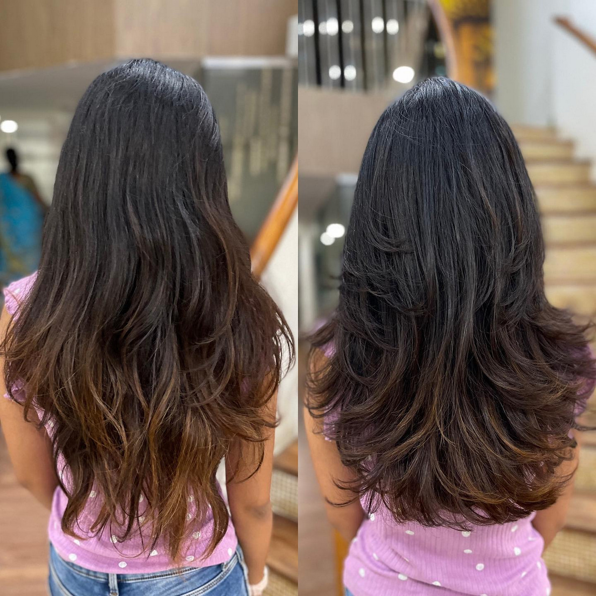 Haircut with swoopy layers