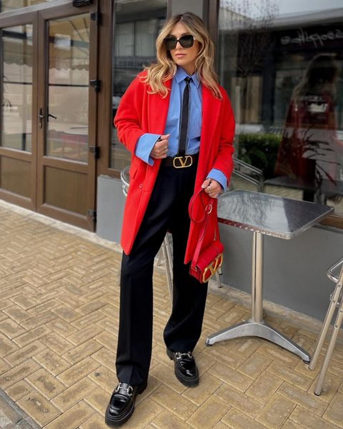 Royal Blue Shirt With Red Coat And Black Pants