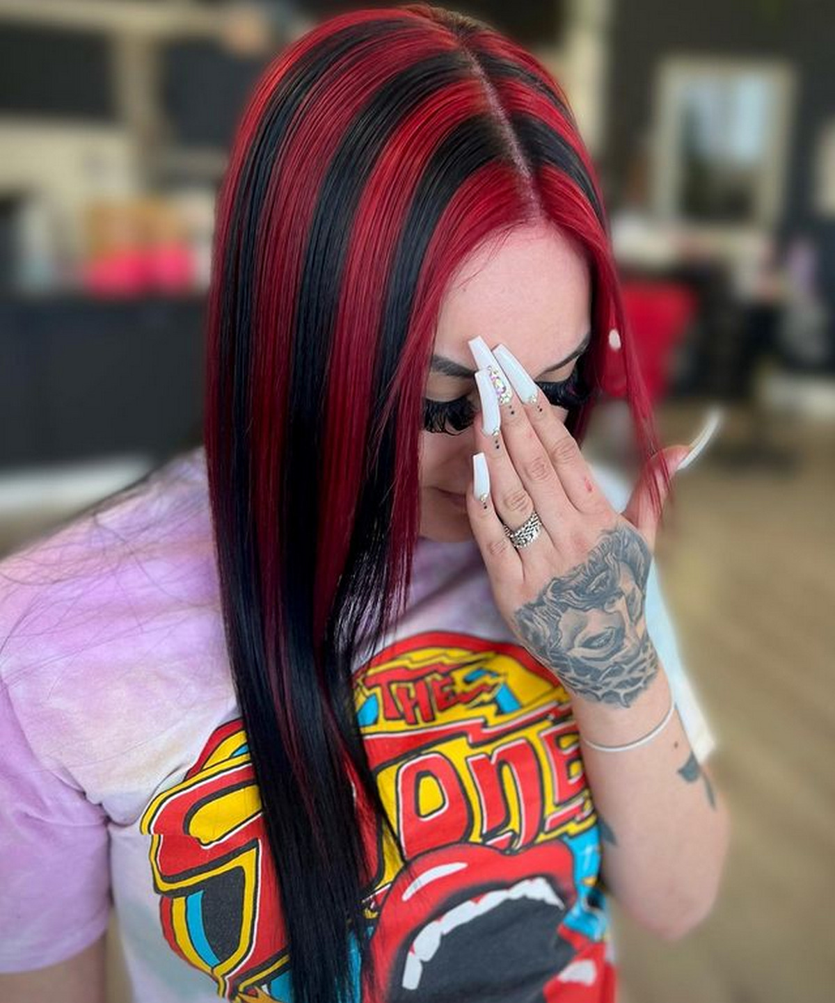 Black Hair With Chunky Red Highlights