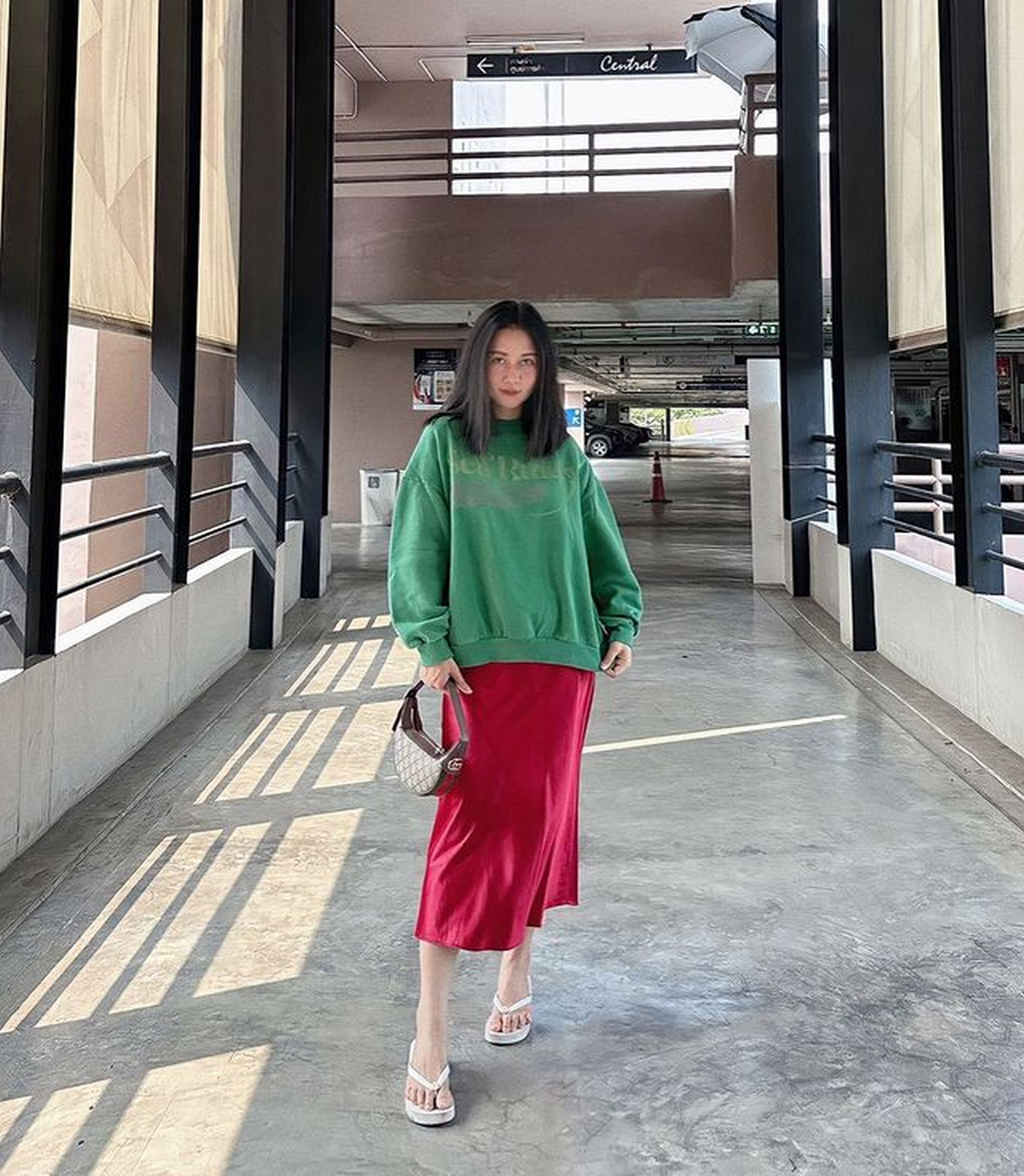 Emerald Green Sweatshirt With Dark Red Satin Skirt