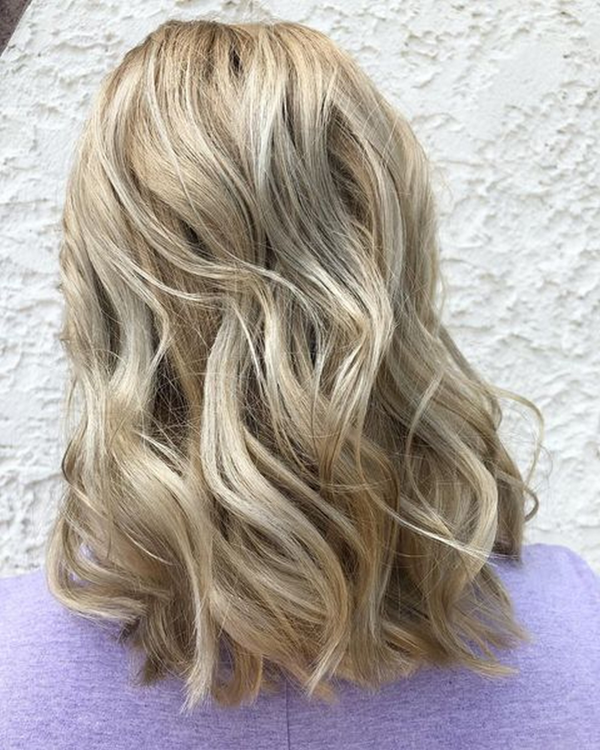 Golden Platinum Blonde Hair With Blonde Lowlights On Shoulder-length Hair