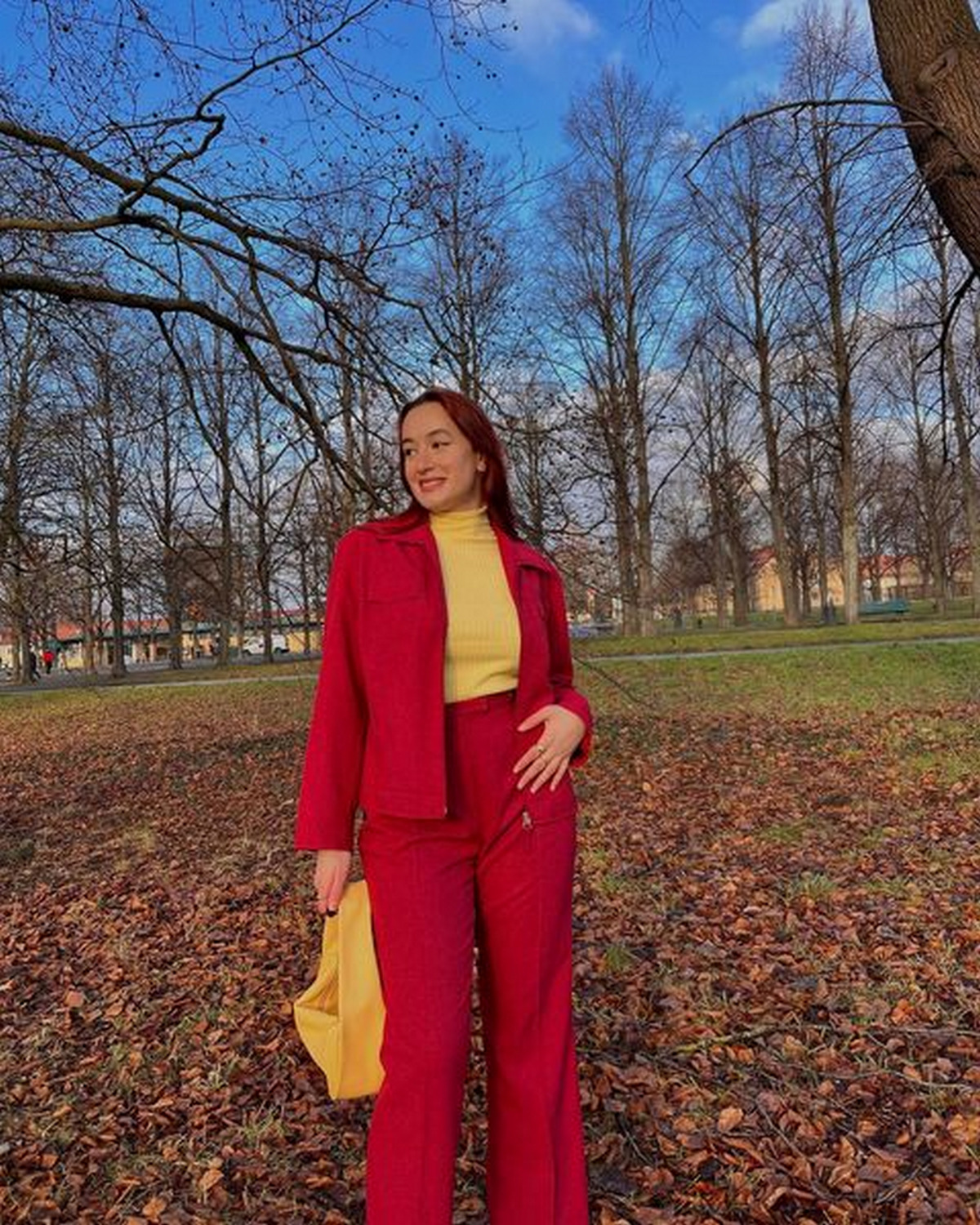 Yellow Turtleneck Shirt With Red Suit