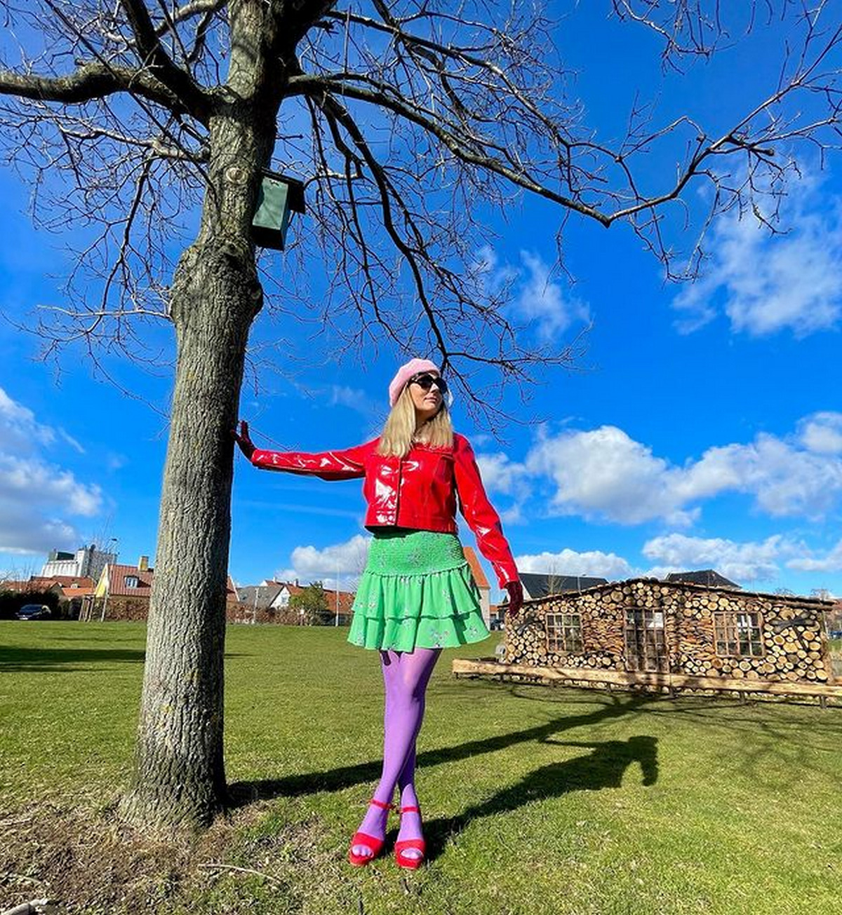 Candy Apple Red Leather Jacket With Mint Green Tiered Skirt