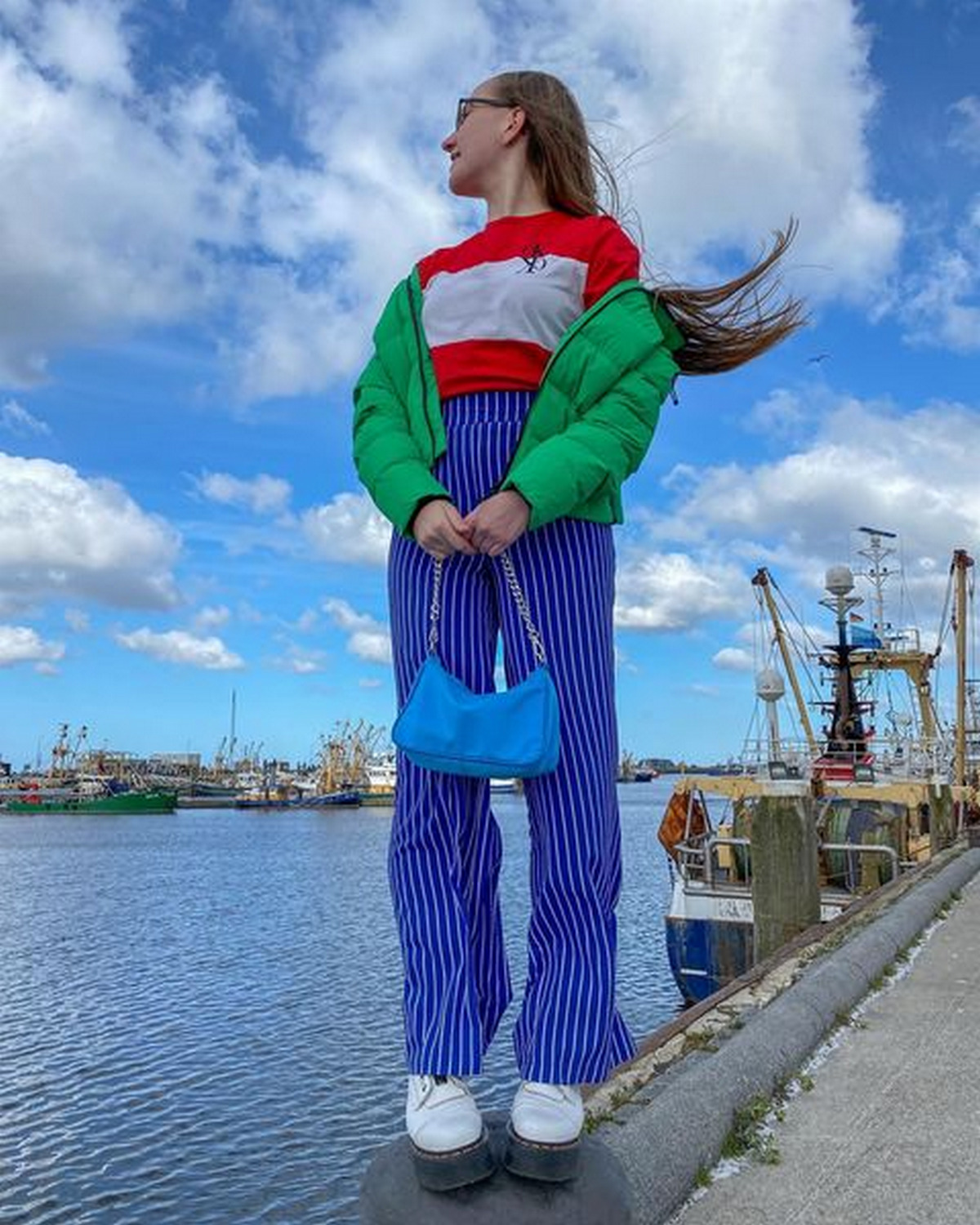 Red T-Shirt With Navy Blue Striped Pants And Jade Green Parka Bomber Jacket