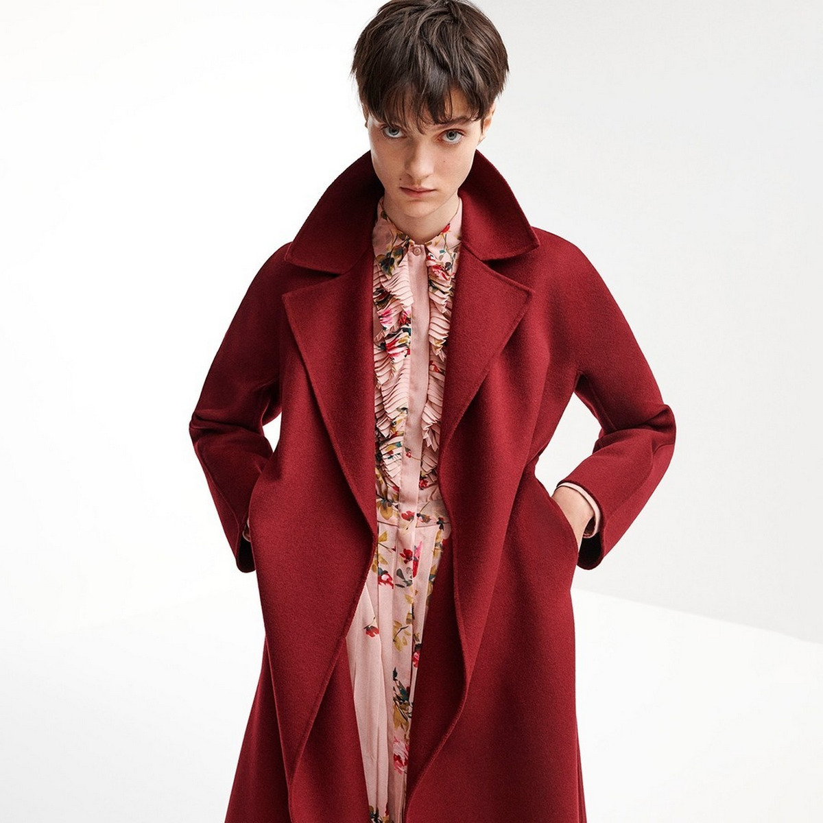 Baby Pink Floral Dress With Dark Red Coat