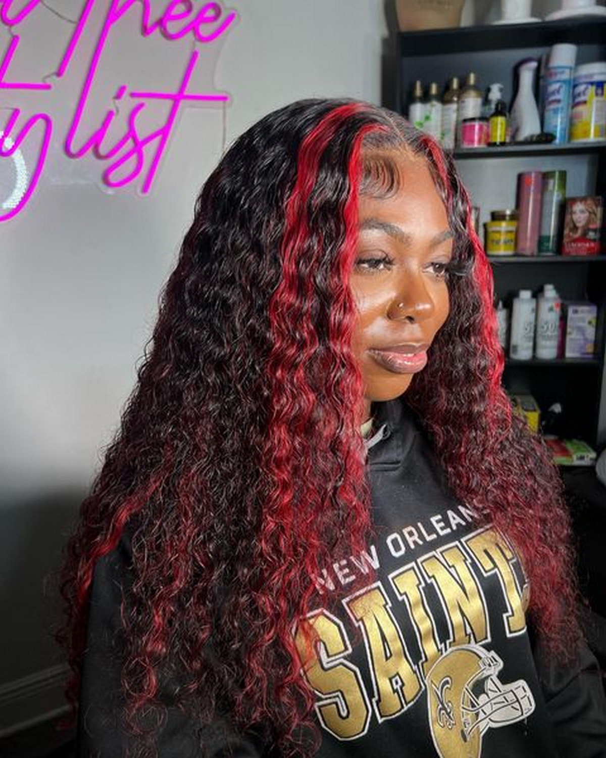 Long Curly Black Hair With Red Highlight